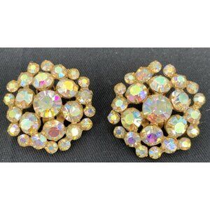 AB Aurora Borealis Rhinestone Earring Goldtone Clip-On 1.5" Vintage